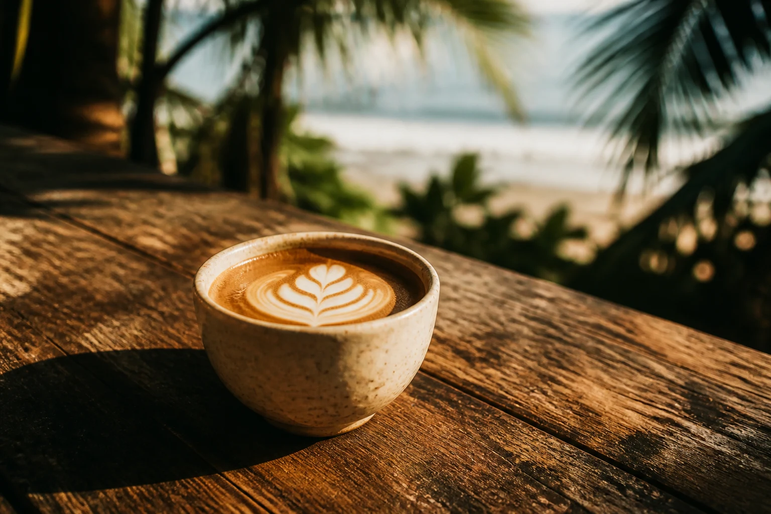Café con leche sobre una mesa de madera bajo la luz tropical